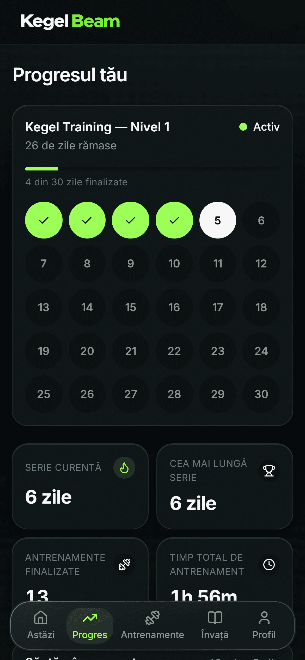 Ecranul Progres din Kegel Beam: calendarul zilelor de antrenament
