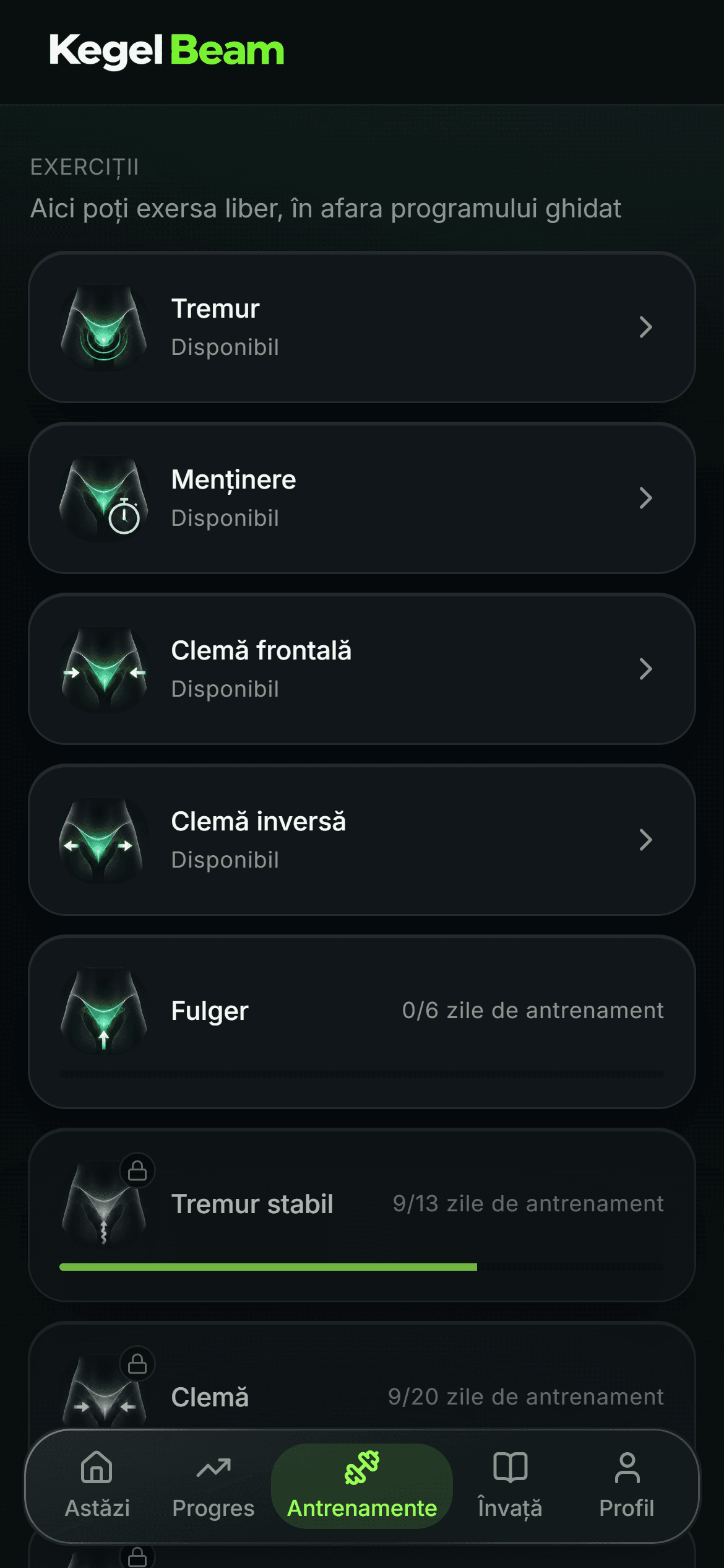 Ecranul Exerciții: lista mișcărilor disponibile și a celor blocate